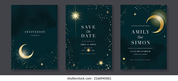 Galaxy themed wedding invitation vector template. Collection of luxury save the date card with watercolor, moon, gold sparkle. Starry night cover design for background, greeting, brochure, flyer.