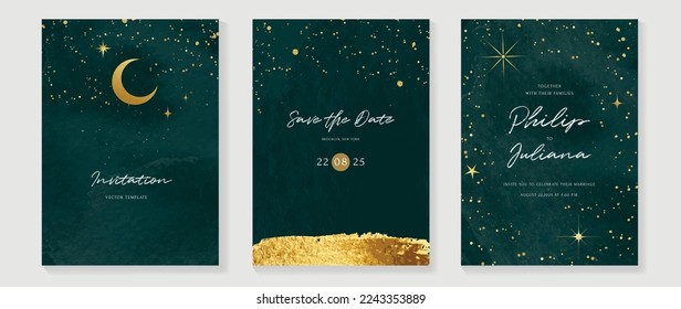 Galaxy themed wedding invitation vector template. Collection of luxury save the date card with watercolor, star, gold sparkle. Starry night cover design for background, greeting, brochure, flyer.