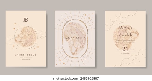 Galaxy themed wedding invitation vector template. Beige and pink luxury card with moon, cloud, star, watercolor and gold texture. Starry night cover design for background, greeting, rsvp modern card.