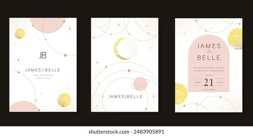 Galaxy themed wedding invitation vector template. Beige and pink luxury card with moon, cloud, star, sparkle, gold foil texture. Starry night cover design for background, greeting, rsvp modern card.