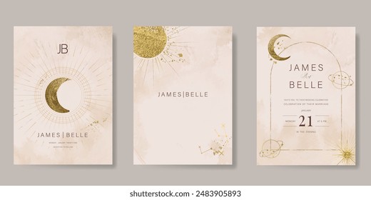 Galaxy themed wedding invitation vector template. Beige and pink luxury card with moon, cloud, star, watercolor and gold texture. Starry night cover design for background, greeting, rsvp modern card.