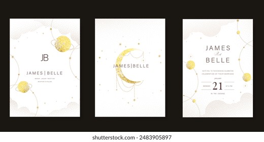 Galaxy themed wedding invitation vector template. Beige and pink luxury card with moon, cloud, star, sparkle, gold foil texture. Starry night cover design for background, greeting, rsvp modern card.