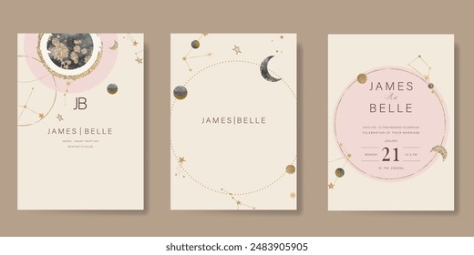 Galaxy themed wedding invitation vector template. Beige and pink luxury card with moon, cloud, star, sparkle, gold foil texture. Starry night cover design for background, greeting, rsvp modern card.