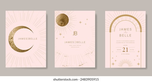 Galaxy themed wedding invitation vector template. Beige and pink luxury card with moon, cloud, star, sparkle, gold foil texture. Starry night cover design for background, greeting, rsvp modern card.