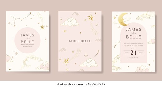 Galaxy themed wedding invitation vector template. Beige and pink luxury card with moon, cloud, gold sparkle. Starry night cover design for background, greeting, brochure, flyer, rsvp modern card.