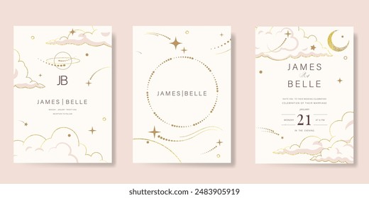 Plantilla de Vector de invitación de boda temática de la galaxia. Tarjeta de lujo beige y rosa con luna, nube, estrella, brillo, textura de lámina de oro. Diseño de cubierta de noche estrellada para el fondo, saludo, tarjeta moderna rsvp.