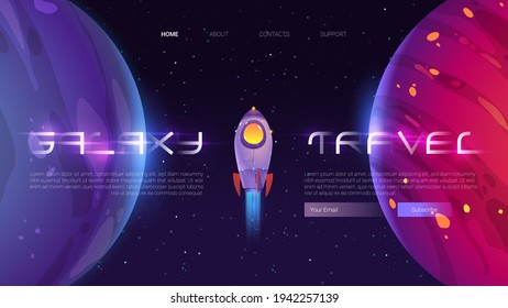 Galaxy travel banner with spaceship and planets