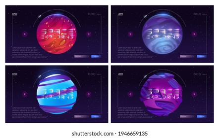 Galaxy travel cartoon landing page with planets in outer space, cosmic objects in dark starry sky. Cosmos and Universe exploration adventure, scientific trip, futuristic fantasy vector web banner