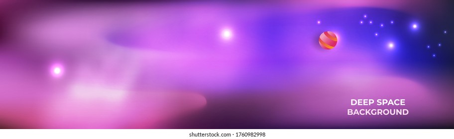 Galaxy-Universum-Hintergrund, breite Vektorgrafik. Violett, rosa, weiche Farben, kleiner Planet, glänzende Sterne, futuristischer Hintergrund mit Platz für Text. Grafische Design-Elemente, digitaler wissenschaftlicher Himmel.
