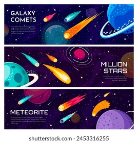 Galaxy universe banners. Comets and planets, stars and asteroids. Vector horizontal cards, capture celestial majesty of space, vibrant meteorites, shimmering shooting stars and drifting bolides