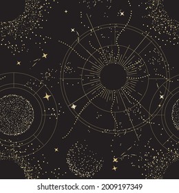 Galaxy universe mystic background, Night sky design. sacred geometry signs  
 Constellation, Sun,  Moon Gold celestial seamless pattern, boho print  art
