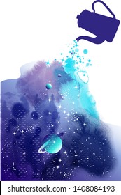 Galaxy vector  background from teapot. Watercolor textur