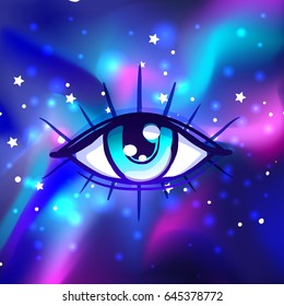 Galaxy in your eye. Vector bright colorful cosmos background. Magic fairy face, nebula make up with stars. Hand-drawn Eye of Providence. Alchemy, religion, spirituality, occultism, tattoo art.