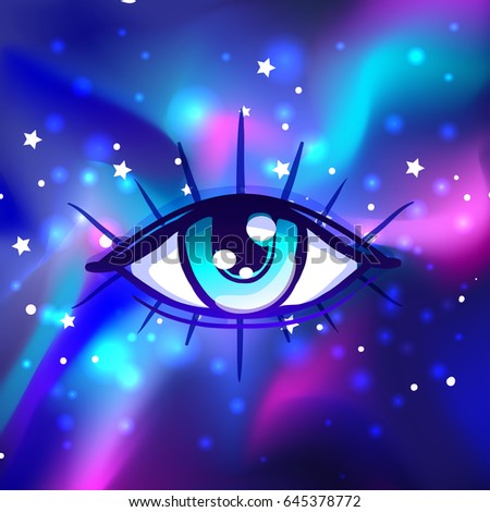 Galaxy in your eye. Vector bright colorful cosmos background. Magic fairy face, nebula make up with stars. Hand-drawn Eye of Providence. Alchemy, religion, spirituality, occultism, tattoo art.