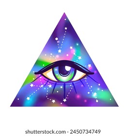 Galaxy in your eyes. Vector bright colorful cosmos background. Magic fairy face, nebula make up with a stars. Hand-drawn Eye of Providence. Alchemy, religion, spirituality, occultism.