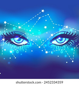 Galaxy in your eyes. Vector bright colorful cosmos background. Magic fairy face, nebula make up with a stars. Hand-drawn Eye of Providence. Alchemy, religion, spirituality, occultism.