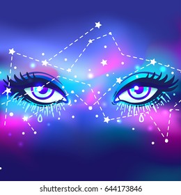 Galaxy in your eyes. Vector bright colorful cosmos background. Magic fairy face, nebula make up with stars. Hand-drawn Eye of Providence. Alchemy, religion, spirituality, occultism, tattoo art. 