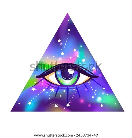 Galaxy in your eyes. Vector bright colorful cosmos background. Magic fairy face, nebula make up with a stars. Hand-drawn Eye of Providence. Alchemy, religion, spirituality, occultism.