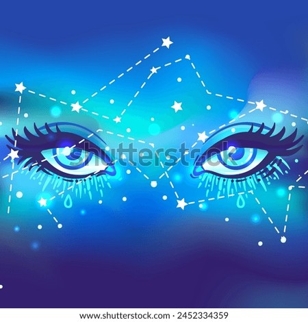 Galaxy in your eyes. Vector bright colorful cosmos background. Magic fairy face, nebula make up with a stars. Hand-drawn Eye of Providence. Alchemy, religion, spirituality, occultism.