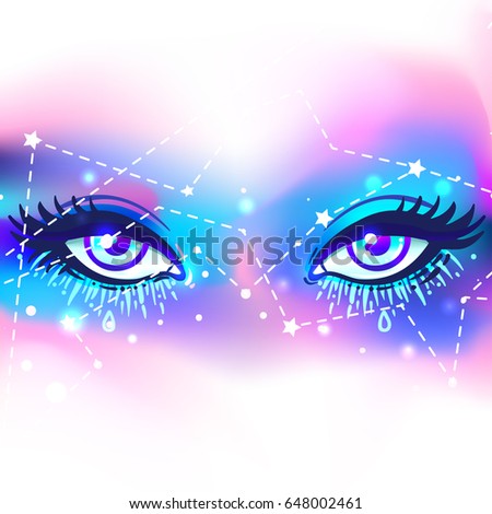 Galaxy in your eyes. Vector bright colorful cosmos background. Magic fairy face, nebula make up with stars. Hand-drawn Eye of Providence. Alchemy, religion, spirituality, occultism, tattoo art.