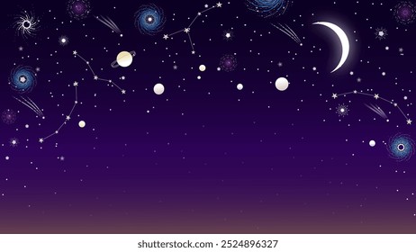 Ilustração vetorial com temática de galáxia com constelações, planetas, estrelas e cometas em um fundo roxo profundo. Ideal para projetos espaciais, decoração cósmica ou projetos místicos.