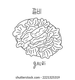 Galbi popular Korean food with inscription doodle. Traditional Korean dish with grilled ribs decorated with lettuce on round plate. Hand drawn black and white isolated vector illustration