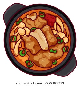 Galbitang (Beef Short Rib Soup) in black bowl recipe illustration vector. Asian korea soup food icon design. Korean soup with beef short rib top view cartoon. Korean food menu vector.