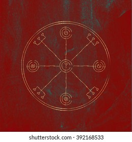 Galdrastafir. Magic gold runic symbol that appeared in the early Middle Ages in Iceland. Is a few, or multiple, intertwined runes, often highly stylized. Red granite background. Stock vector.