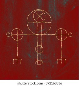 Galdrastafir. Magic gold runic symbol that appeared in the early Middle Ages in Iceland. Is a few, or multiple, intertwined runes, often highly stylized. Red granite background. Stock vector.