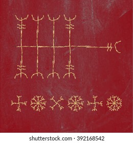 Galdrastafir. Magic gold runic symbol that appeared in the early Middle Ages in Iceland. Is a few, or multiple, intertwined runes, often highly stylized. Red granite background. Stock vector.