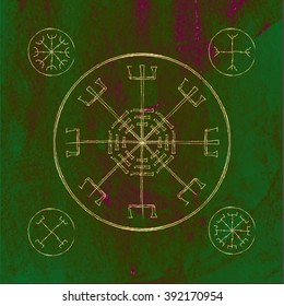 Galdrastafir. Magic gold runic symbol that appeared in the early Middle Ages in Iceland. Is a few, or multiple, intertwined runes, often highly stylized. Green stone background. Stock vector.