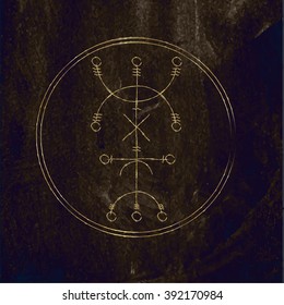 Galdrastafir. Magic gold runic symbol that appeared in the early Middle Ages in Iceland. Is a few, or multiple, intertwined runes, often highly stylized. Black granite background. Stock vector.