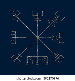 Galdrastafir. Magic gold runic symbol that appeared in the early Middle Ages in Iceland. Is a few, or multiple, intertwined runes, often highly stylized. Dark stone background. Stock vector.