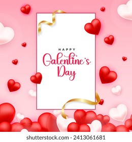 Galentine's Day Card Bursting with Festive Charm. Light Pink Background Illuminated by Three Hearts in Shades of Pink, Orange, and Red, Crafting a Vibrant Expression of Affection