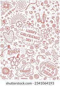 Tarjeta de felicitación diaria de Galentine con dibujos de doodle. Concepto de ilustración vectorial para tarjetas de felicitación, impresiones, afiches del día de Girlfriend.