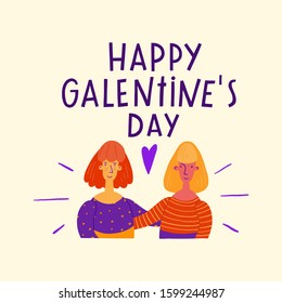 Galentine's day greeting card with hand lettering and two smiling feminist girlfriends hugging each other. Vector illustration concept for greeting cards, prints, posters, celebrating Galentine's day.