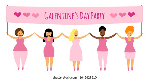 Galentine's Day Party banner with hand drawn smiling feminist girlfriends, can be used for greeting card, poster etc, vector illustration