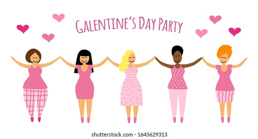 Galentine's Day Party banner with hand drawn smiling feminist girlfriends, can be used for greeting card, poster etc, vector illustration