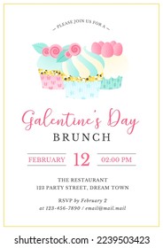 Galentine's Day party invitation template. Beautiful background with creamy cupcakes. Vector 10 EPS.