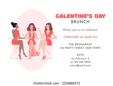Galentine's Day party invitation template. Illustration of pretty young women talking and laughing together. Woman's friendship concept. Vector 10 EPS.