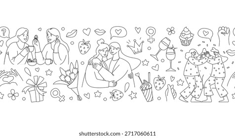 Galentines Day Seamless Border Frame Pattern, Women Friendship Line Art Vector Illustration. Female Friendship and Sisterhood Pattern, Black and White Doodle Style. Women Support Love Outline Pattern