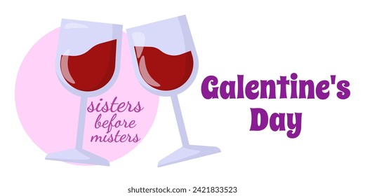 Galentine's Day, sisters before misters card, simple horizontal holiday poster or banner vector illustration design