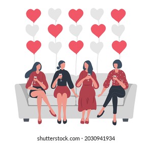 Galentines day. Slumber party. Four young women are sitting on the sofa and drinking wine. There are also heart-shaped balloons. Vector illustration