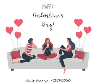 Galentines day. Slumber party. Three young women are sitting on the couch and drinking wine. There are also heart-shaped balloons. Vector illustration