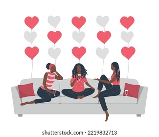 Galentines day. Slumber party. Three young black women are sitting on the couch and drinking wine. There are also heart-shaped balloons. Vector illustration