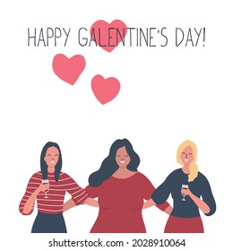 Día de las galentinas. Tres chicas abrazan y beben vino. Hay un texto Feliz Día de Galentine. Tarjeta de felicitación. Ilustración del vector