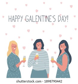 Galentines Day. Three Young Women Are Drinking Wine. Vector Illustration