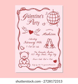 Galentine's party invitation with hand-drawn objects. Vector illustration valentine invitation in hand-drawn objects.