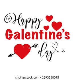 Galentines Valentines Day typography design. Handwritten calligraphy quote with hearts and arrow. Holiday print for t-shirt, poster, card or sticker. Red and black isolated on white background