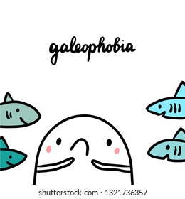 Galeophobia hand drawn illustration with cute marshmallow and sharkes